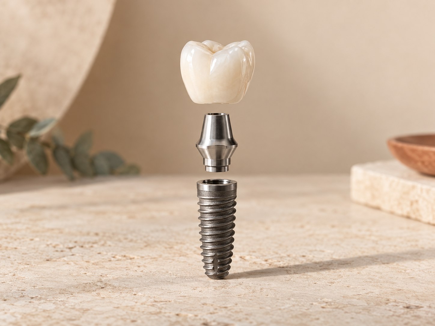 Illustrative exploded view of an implant post, abutment and ceramic crown