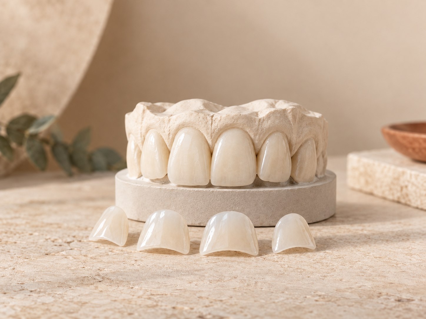 Illustrative ceramic veneer shells arranged with a dental teaching model