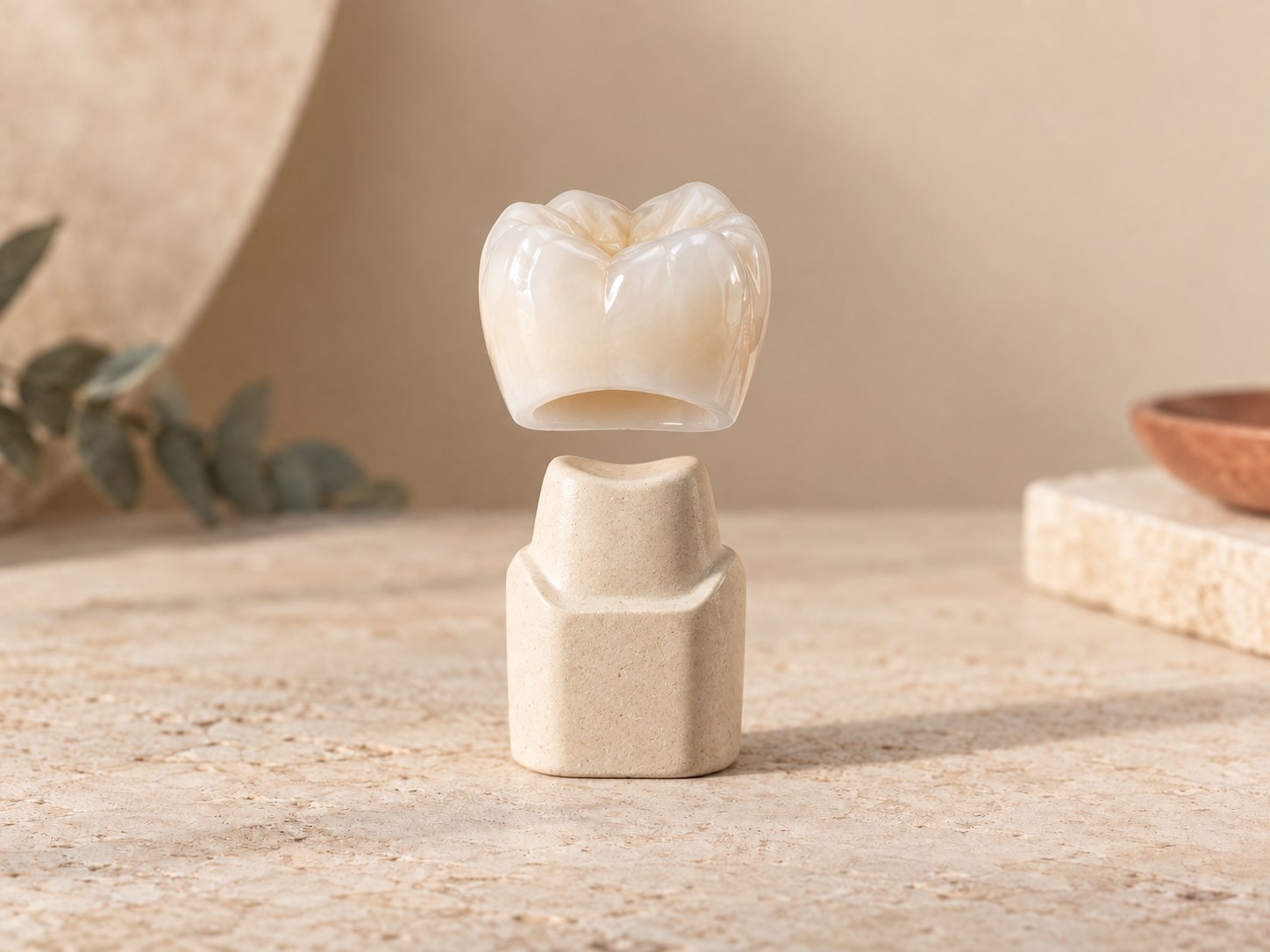 Illustrative zirconia crown positioned above a prepared-tooth laboratory model